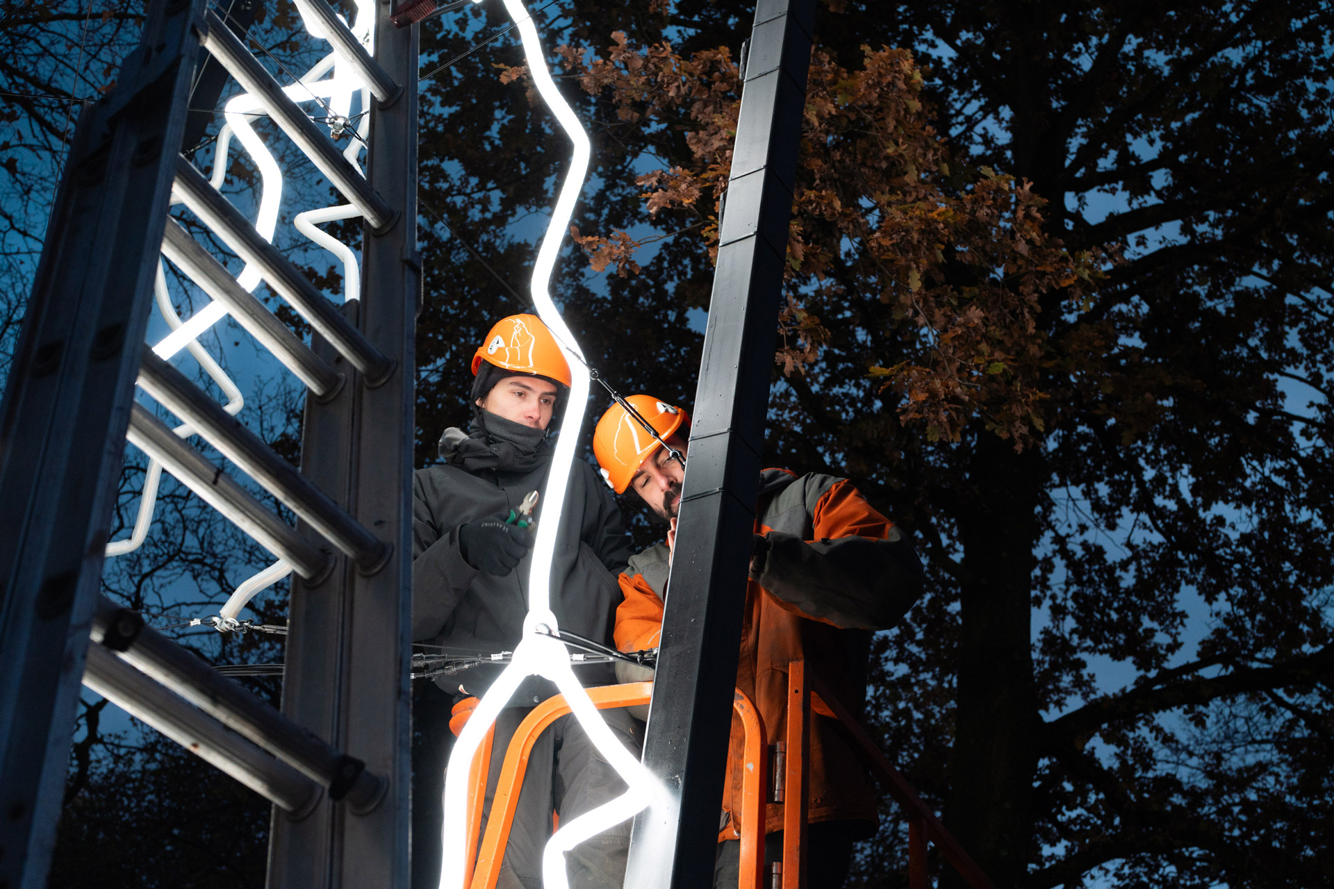 Steel frame assembly during installation